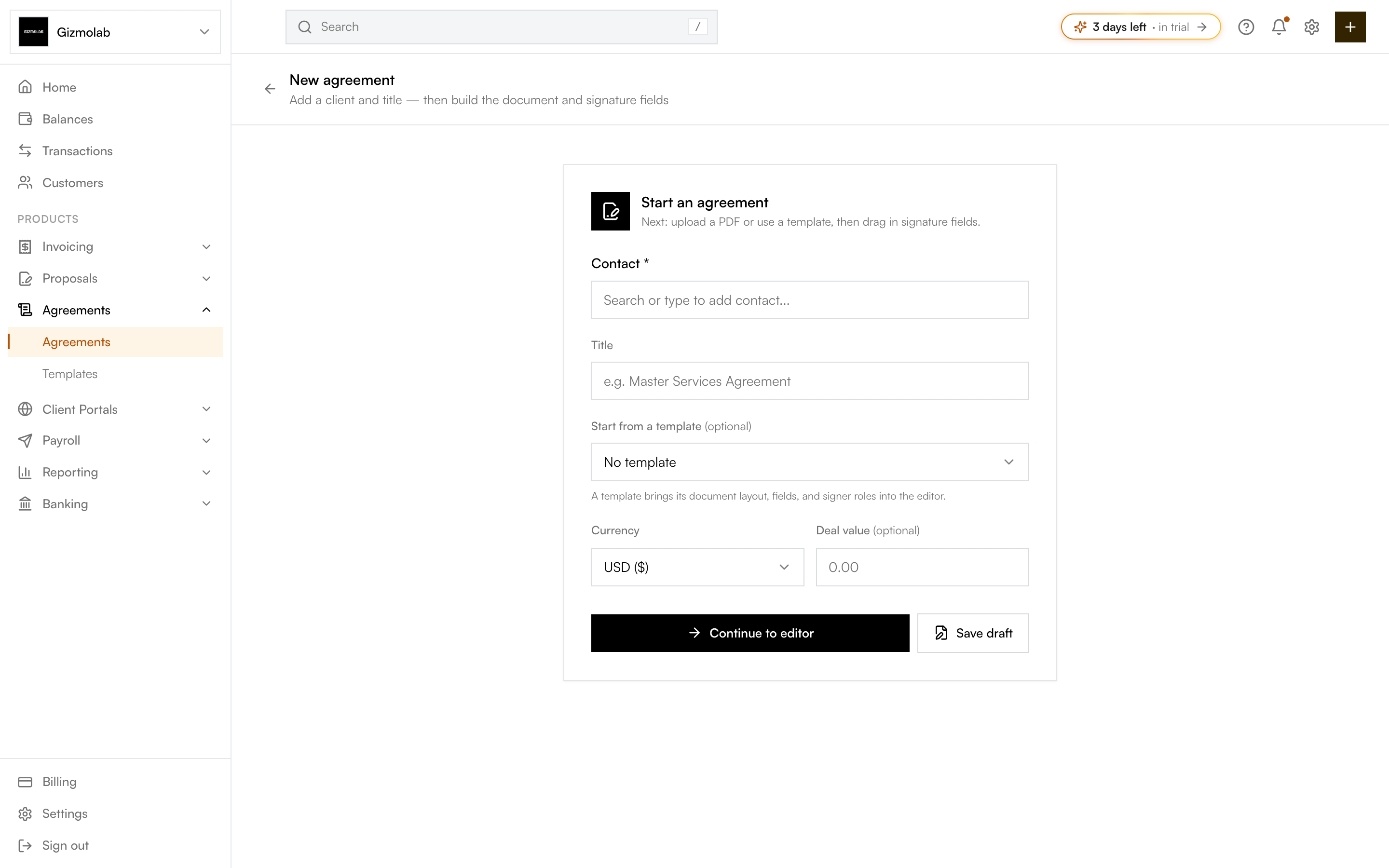 The New agreement card with contact, title, template, currency, and deal value fields
