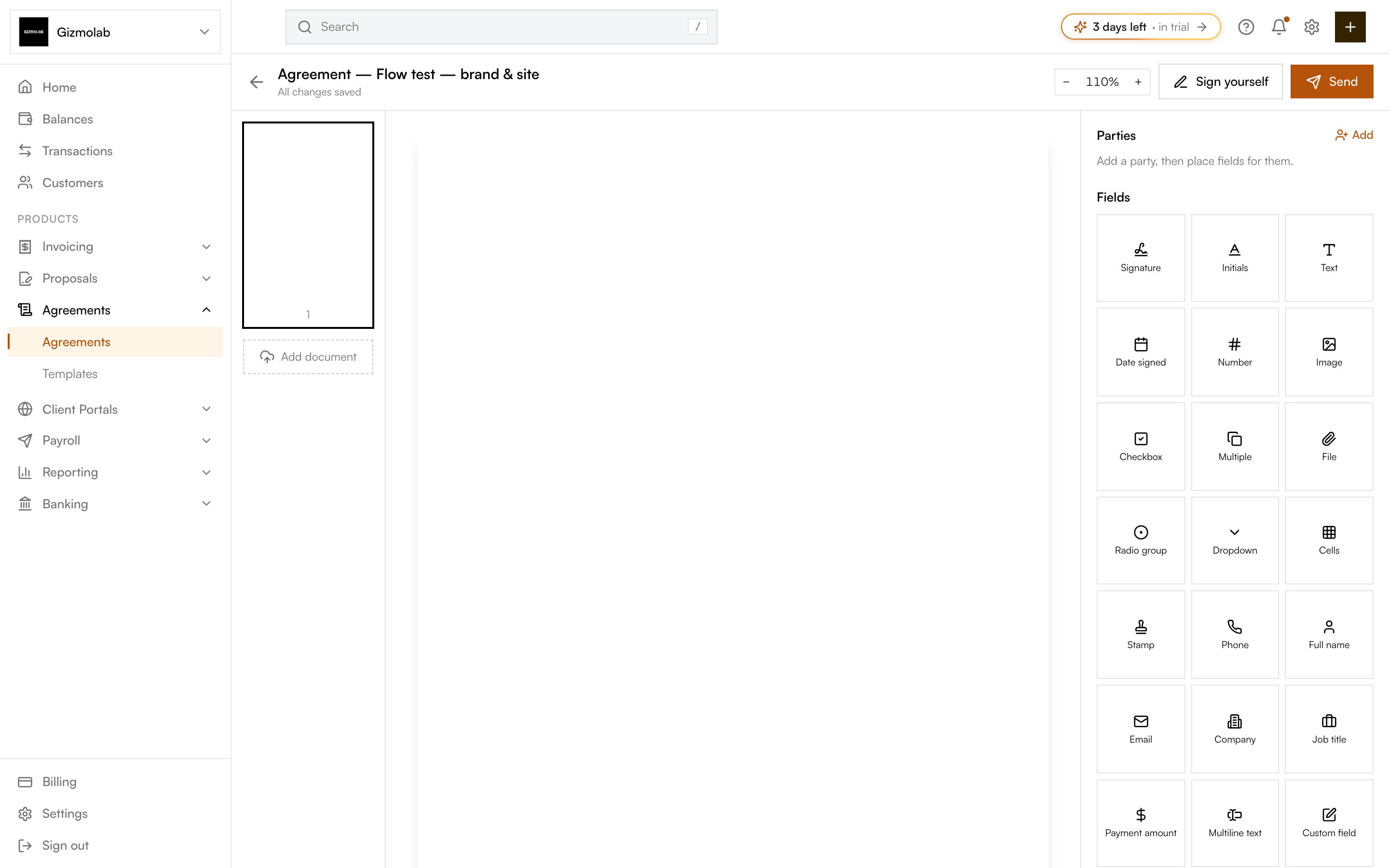 The agreement editor with a document canvas, parties panel, and field palette