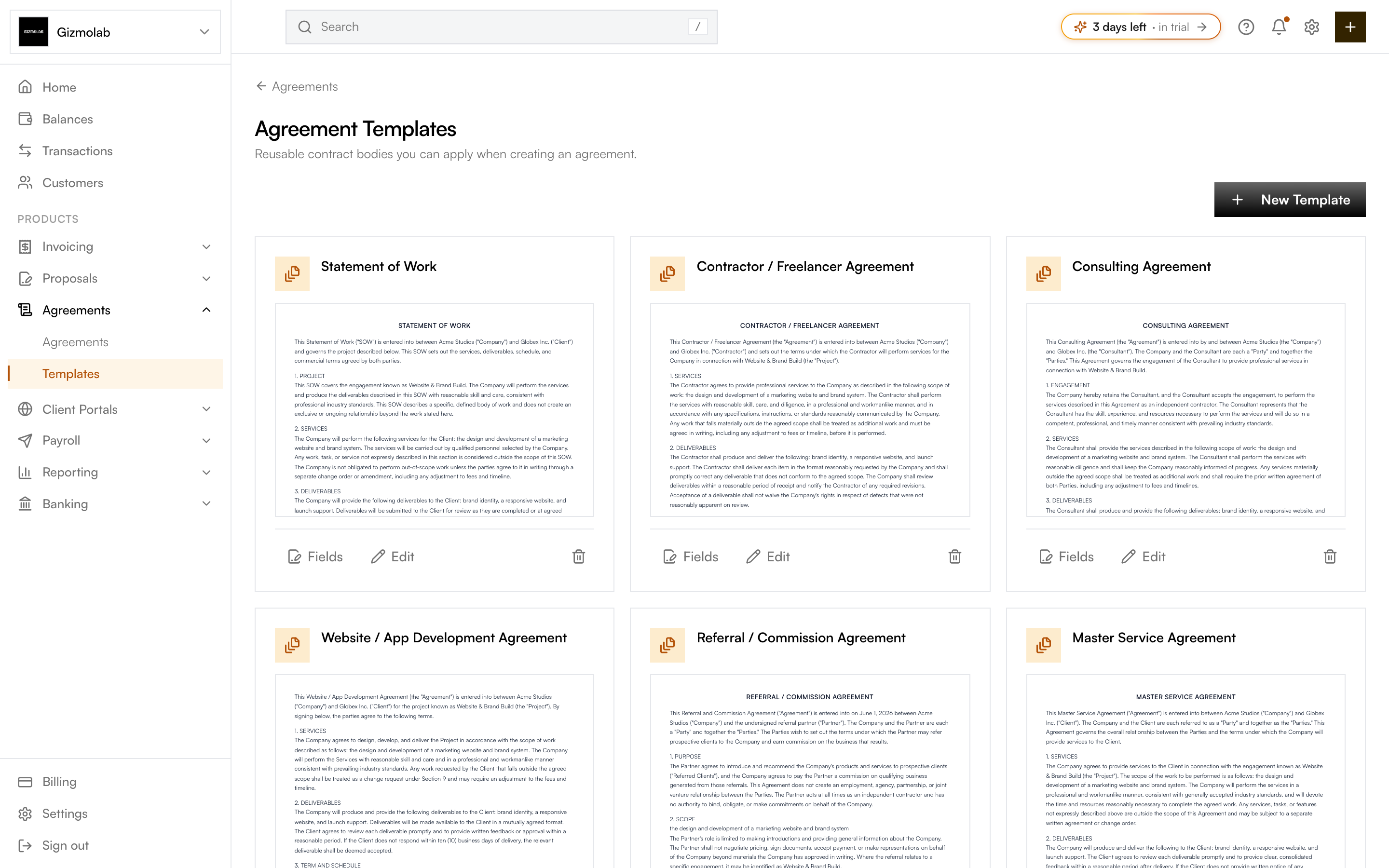 The Agreement Templates gallery with cards for each reusable contract