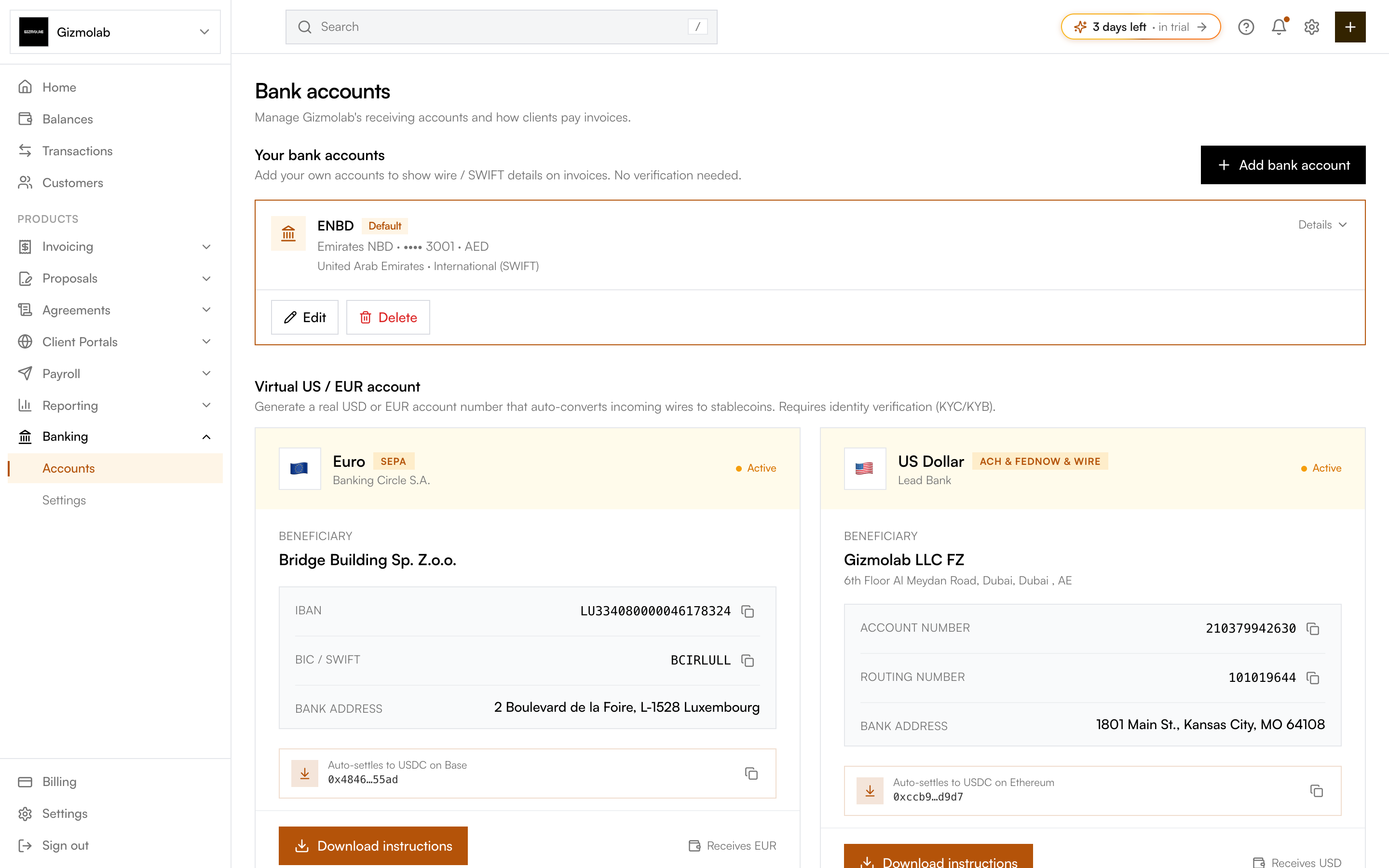 Unified bank accounts page with local accounts, virtual account, and details
