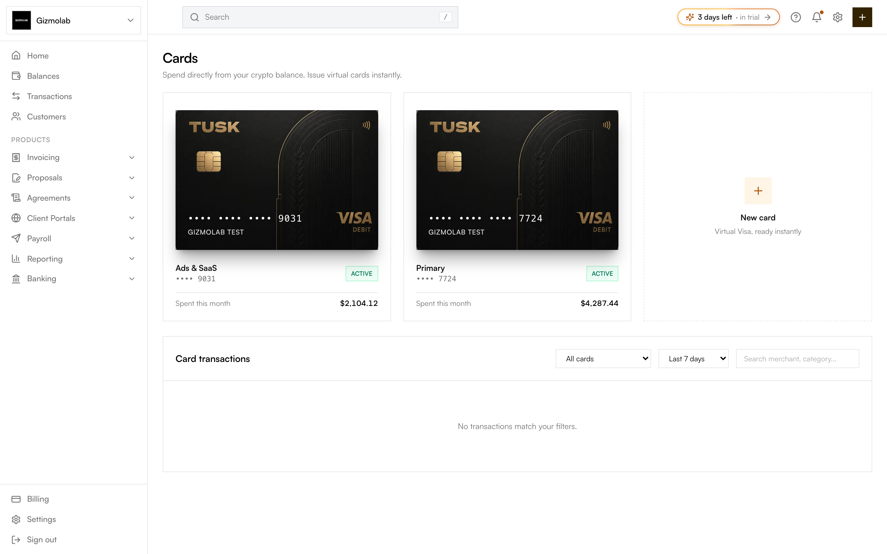 Cards page with a grid of virtual cards and a transactions table