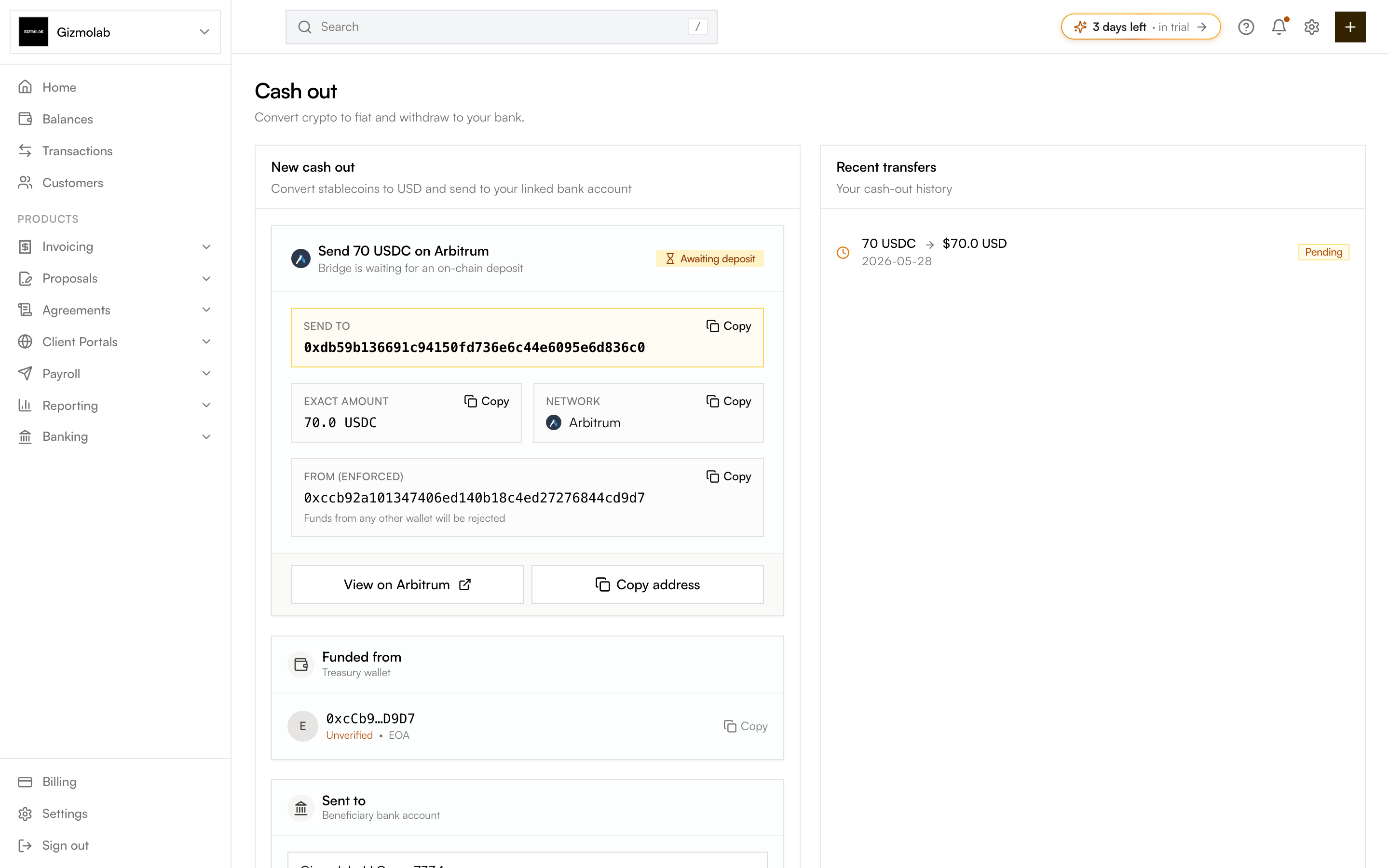 Cash out page showing deposit instructions and recent transfers