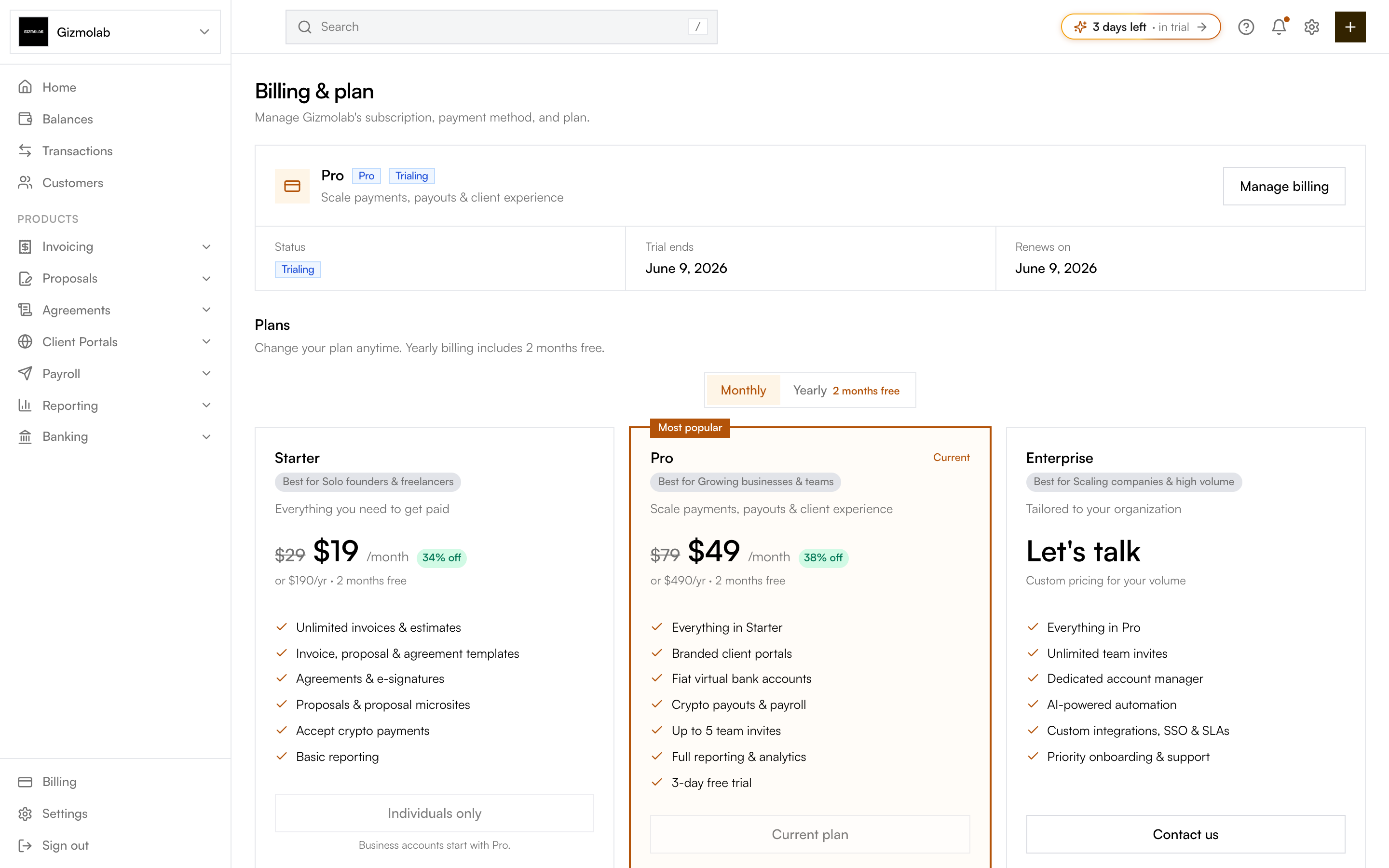 Plan grid showing the features included in Starter, Pro, and Enterprise