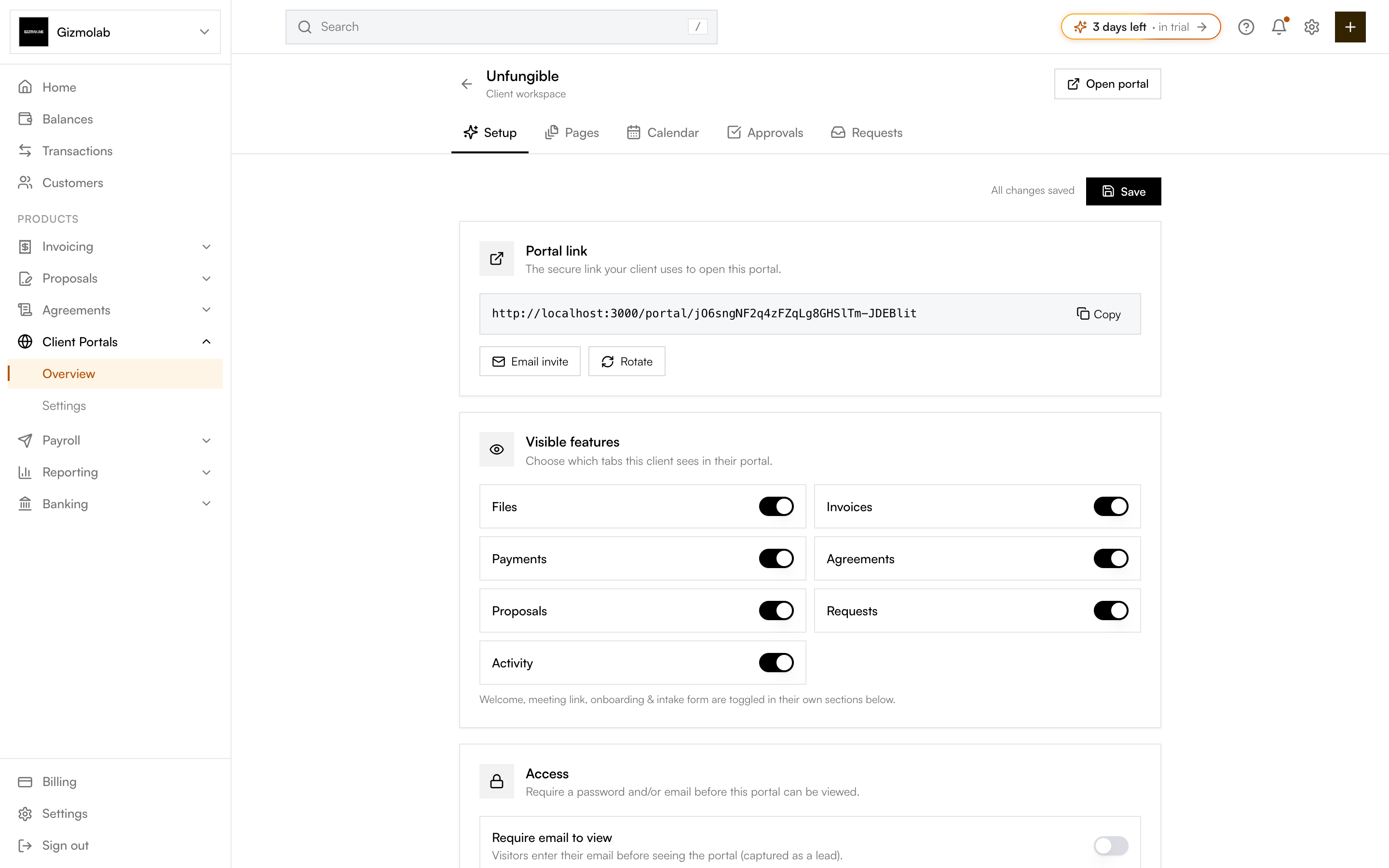 Portal Setup editor showing the link, visible features, and access sections