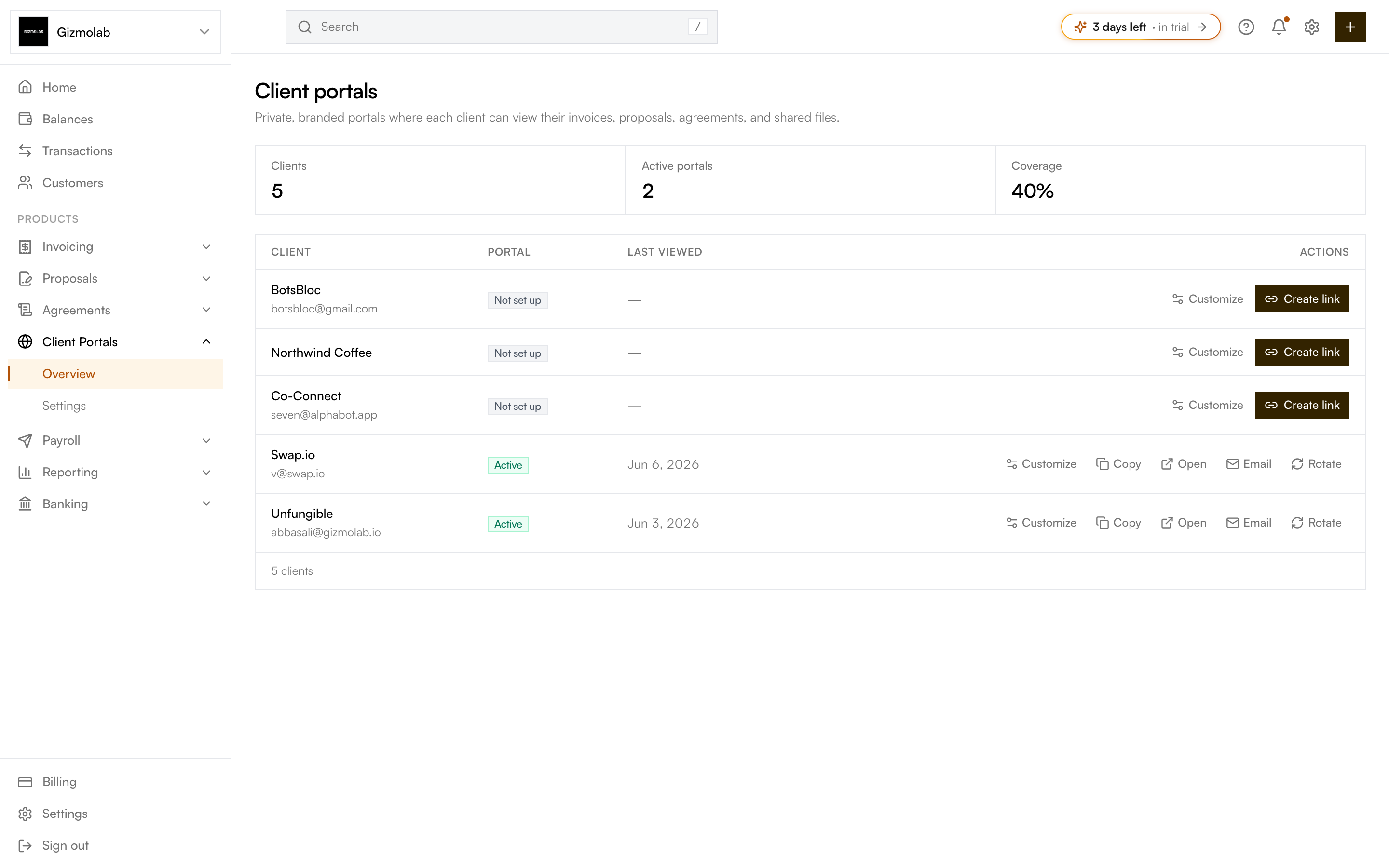 Client portals list with one row per client
