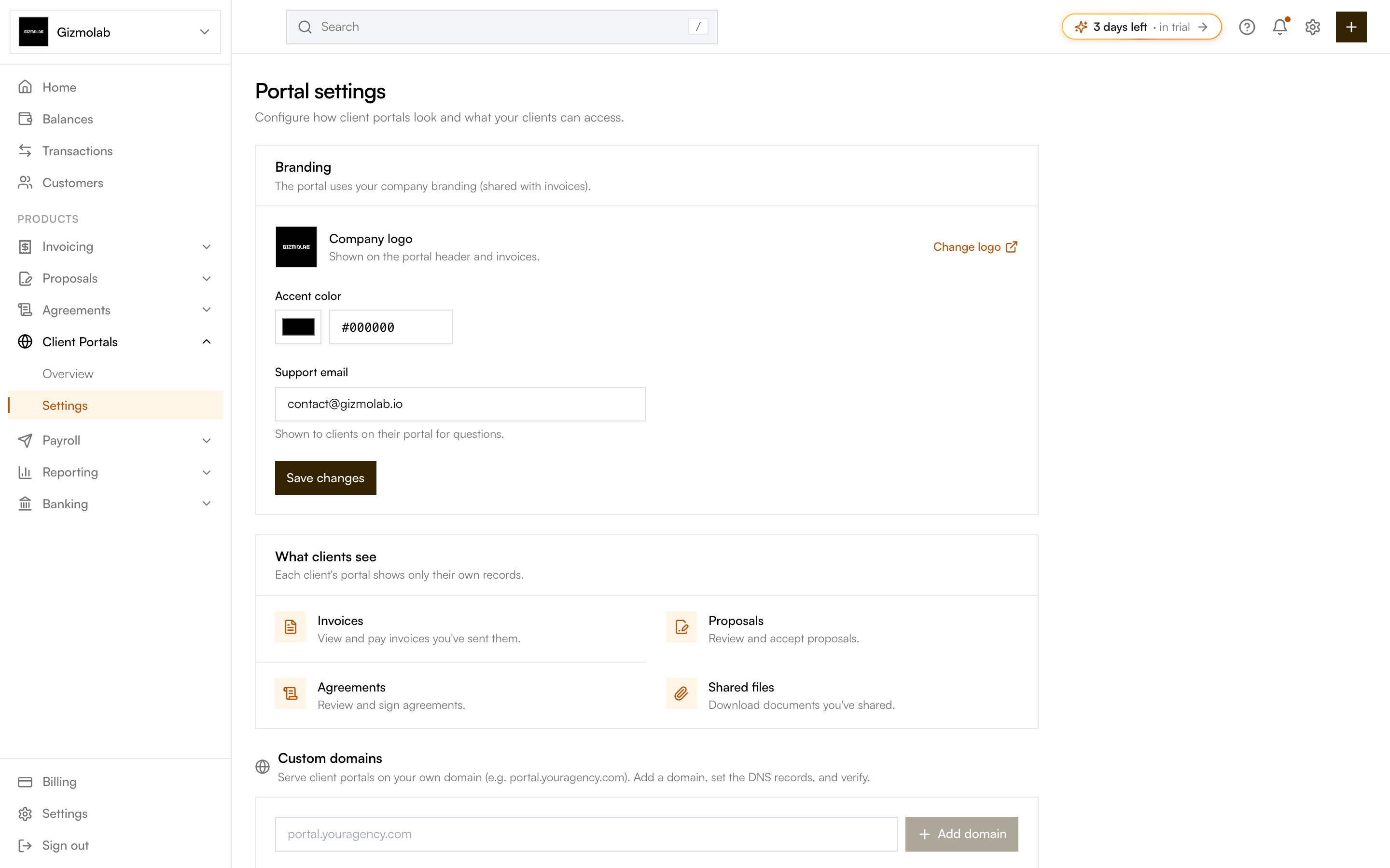 Portal settings page with branding, contents, and custom domains