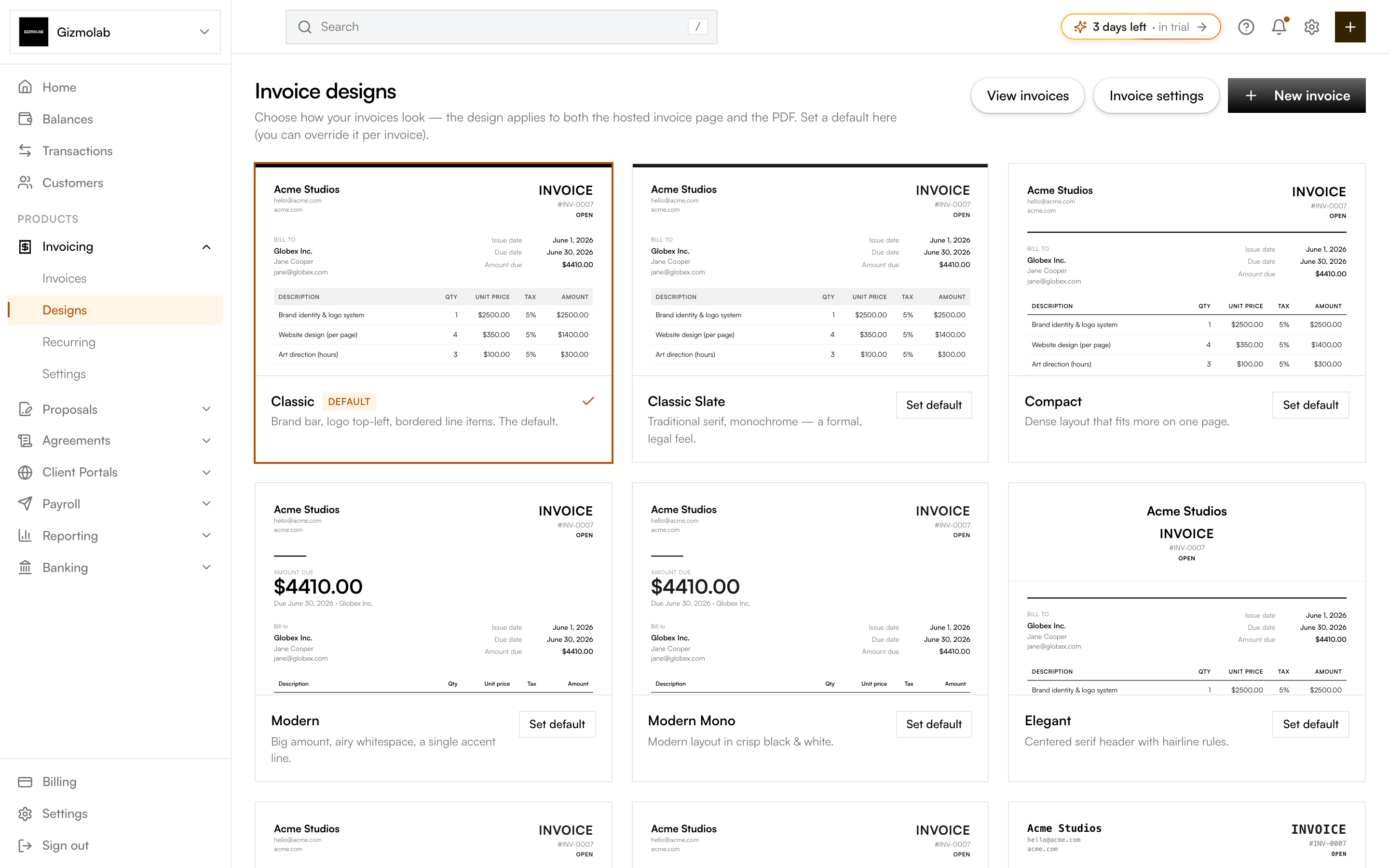The invoice design gallery with live previews of each theme