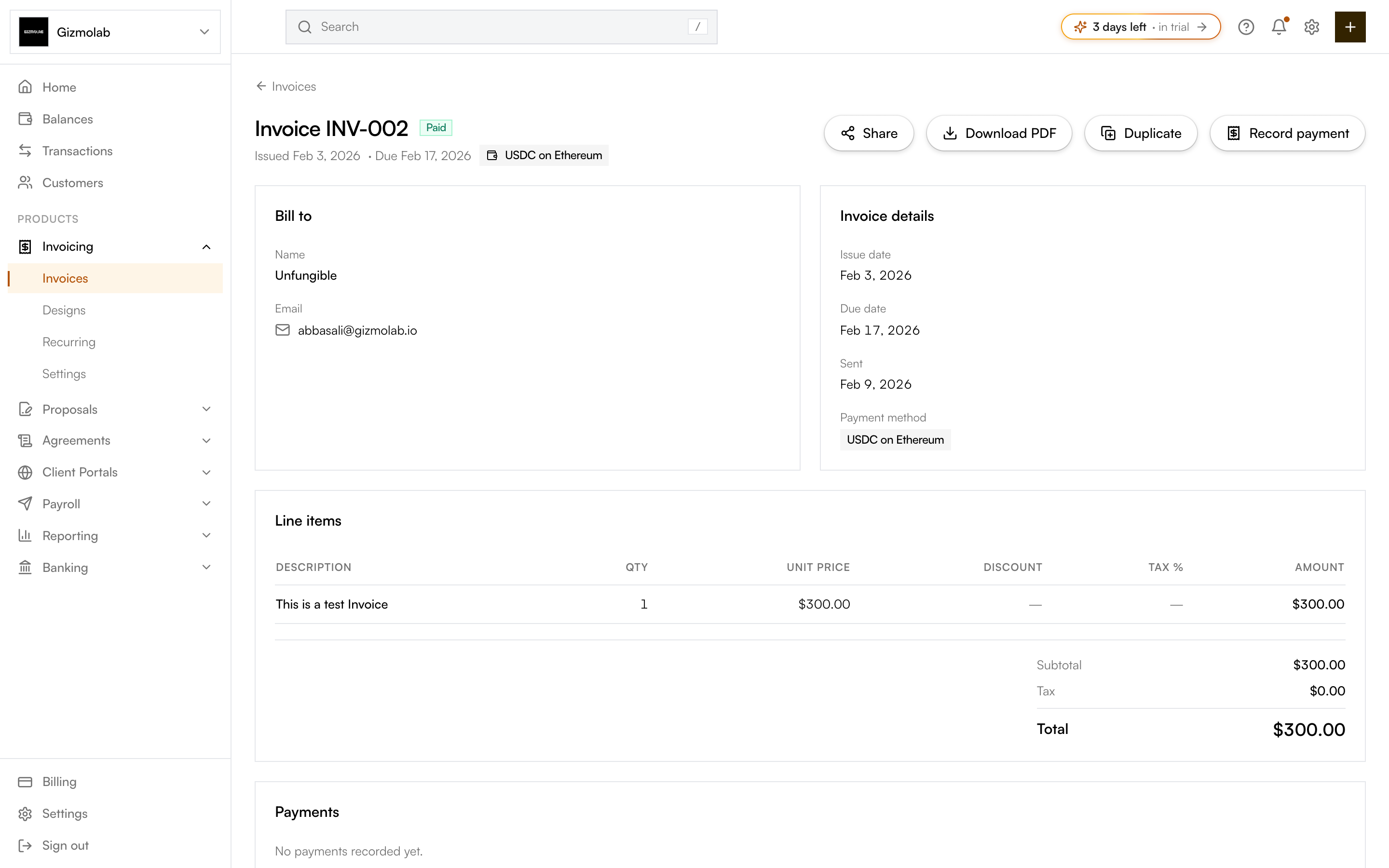 An invoice detail page with Share, Download PDF, Duplicate, and Record payment actions