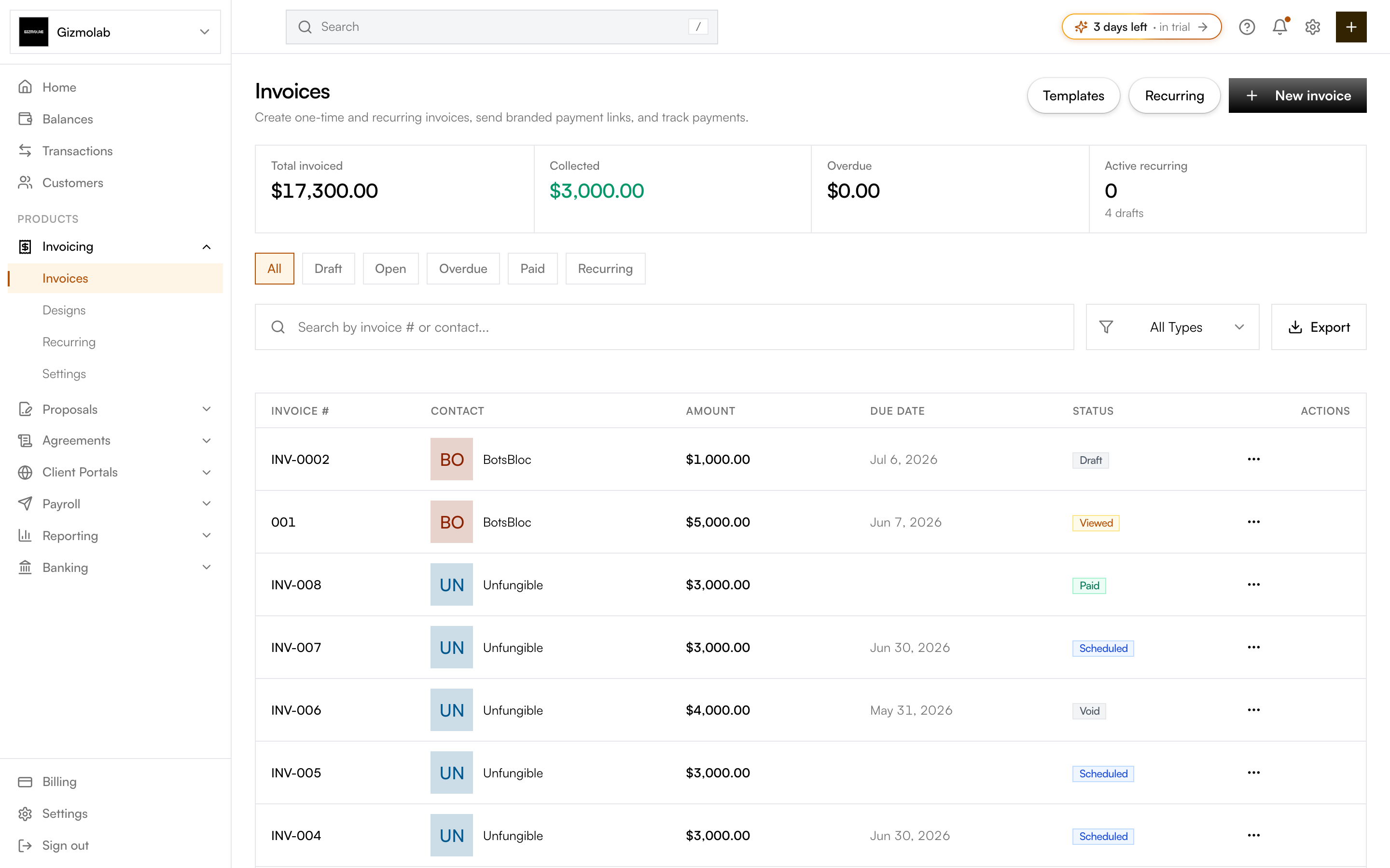 The invoices list with summary tiles, status tabs, and a table of invoices