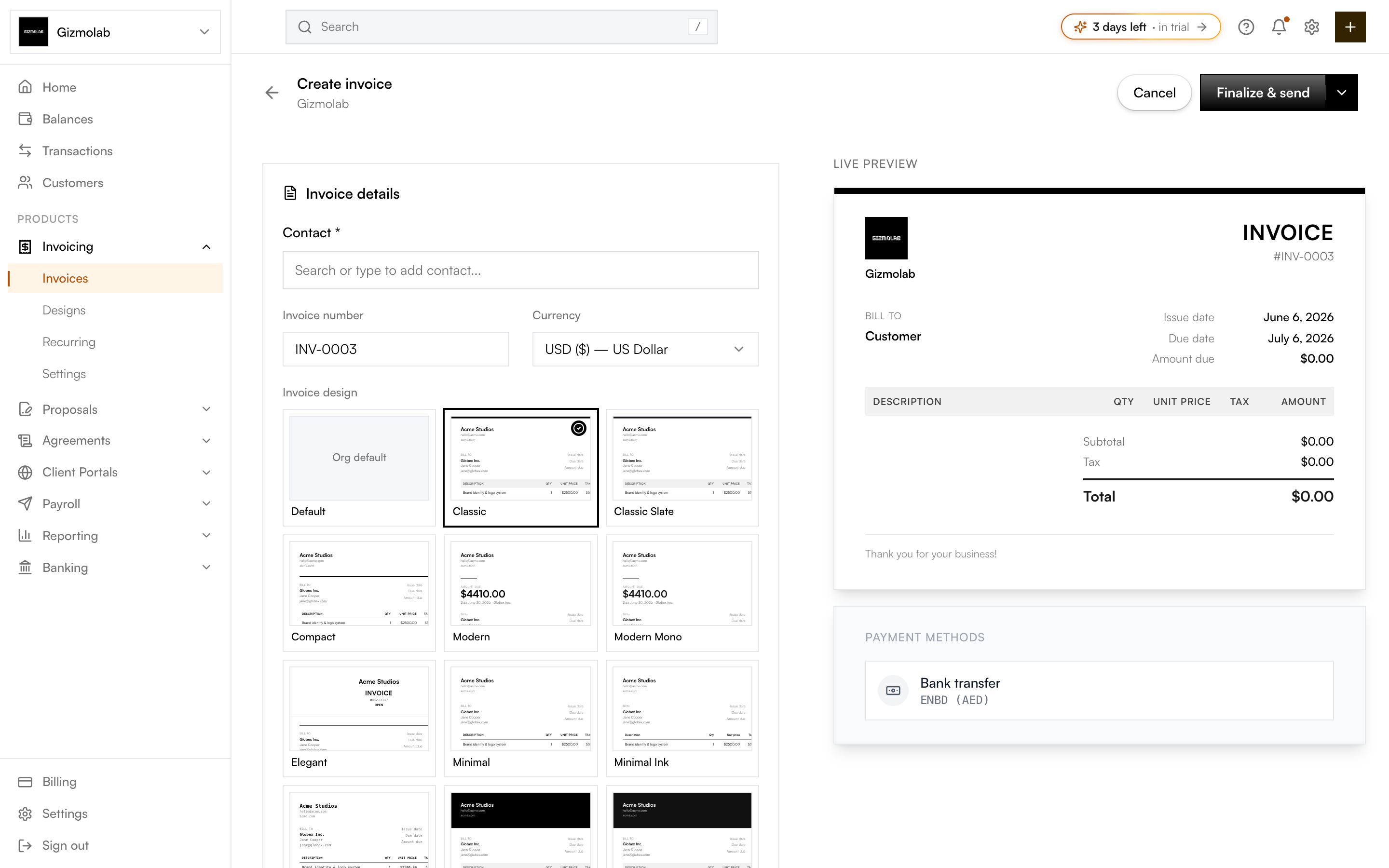 Create invoice page with details, design picker, and live preview
