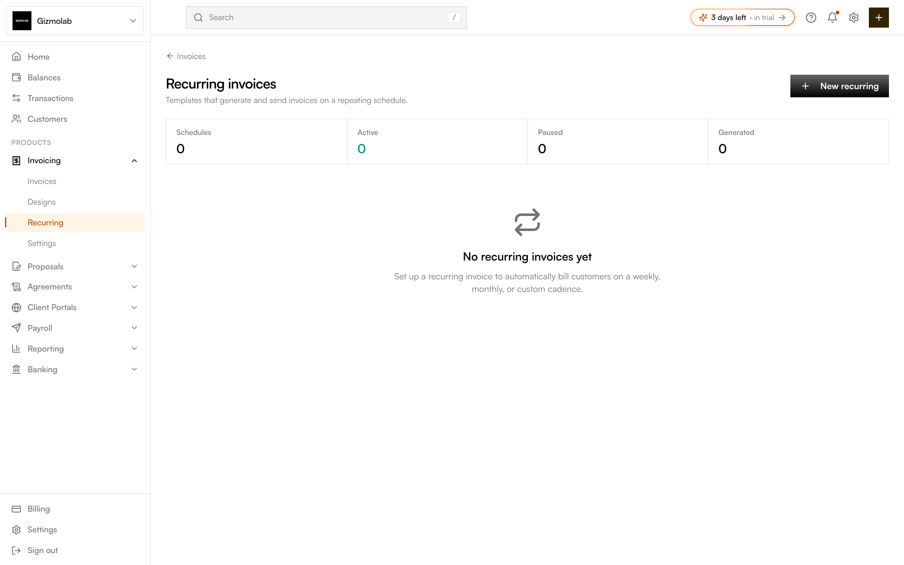 The recurring invoices page showing schedule counts and an empty state