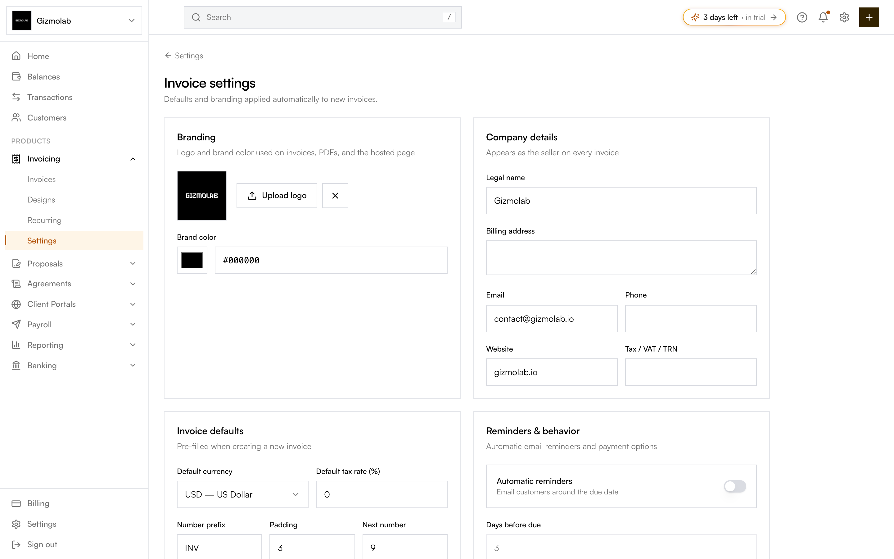 The invoice settings page with branding, company details, and defaults