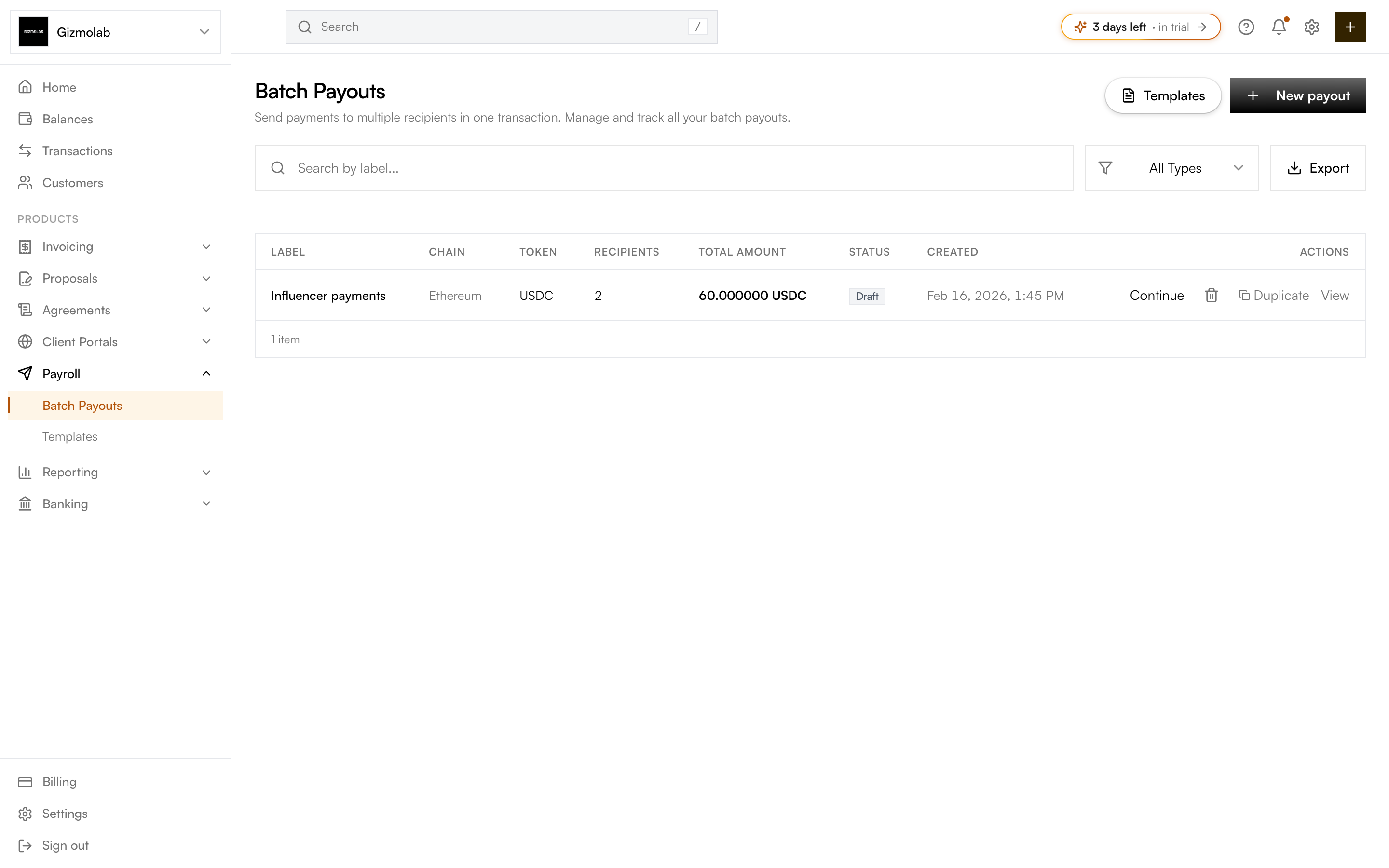 Batch payouts list showing label, chain, token, recipients, total, and status