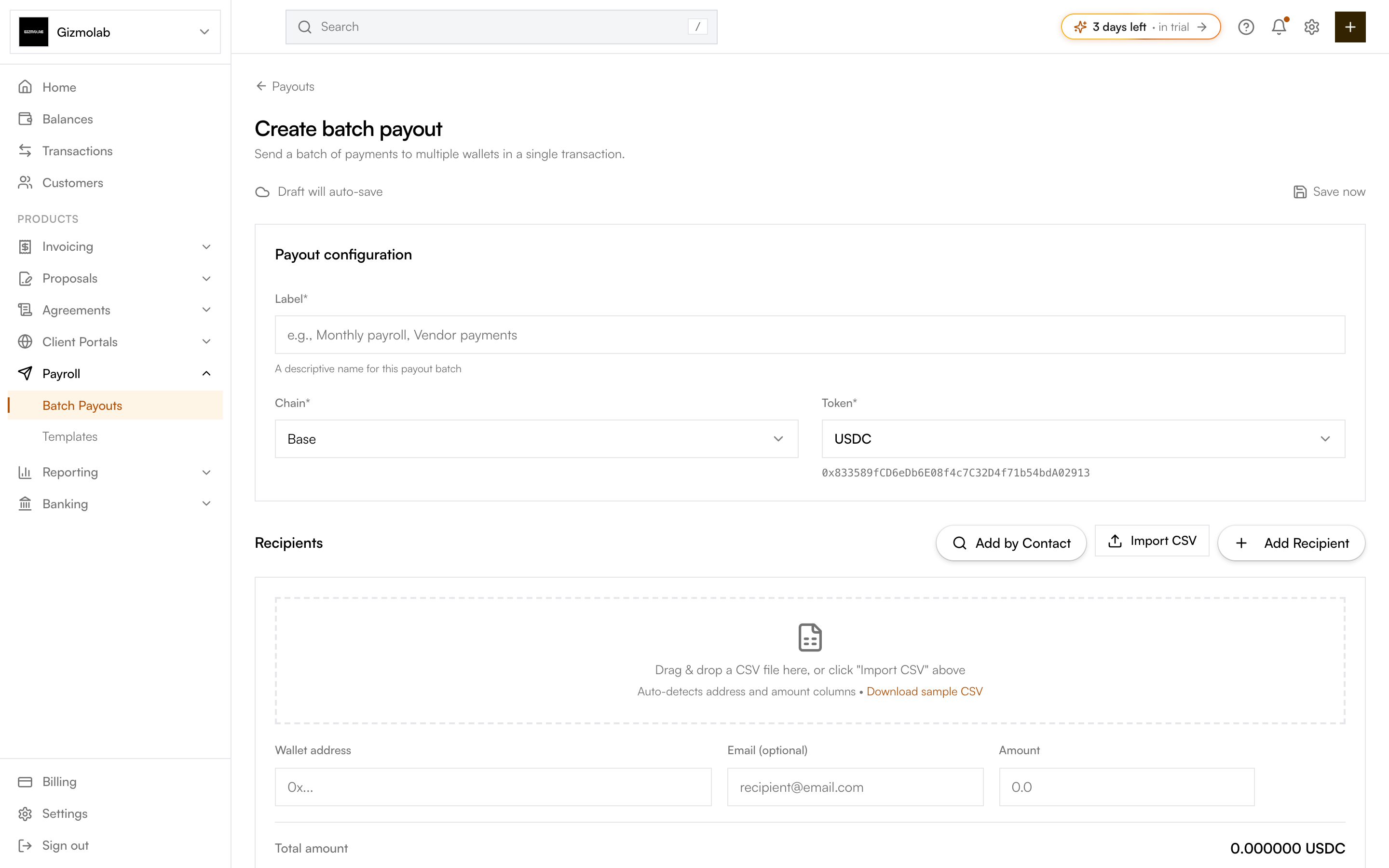 Recipients section with CSV import button and drag-and-drop zone