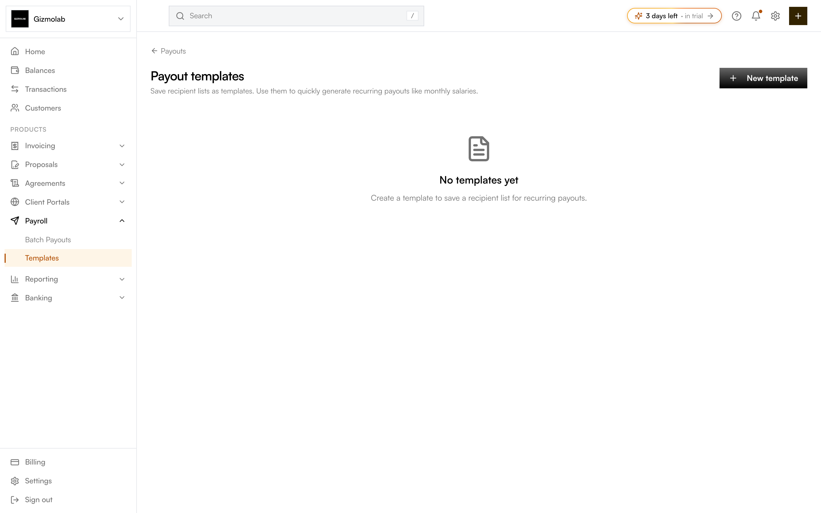 Payout templates page with empty state and New template button
