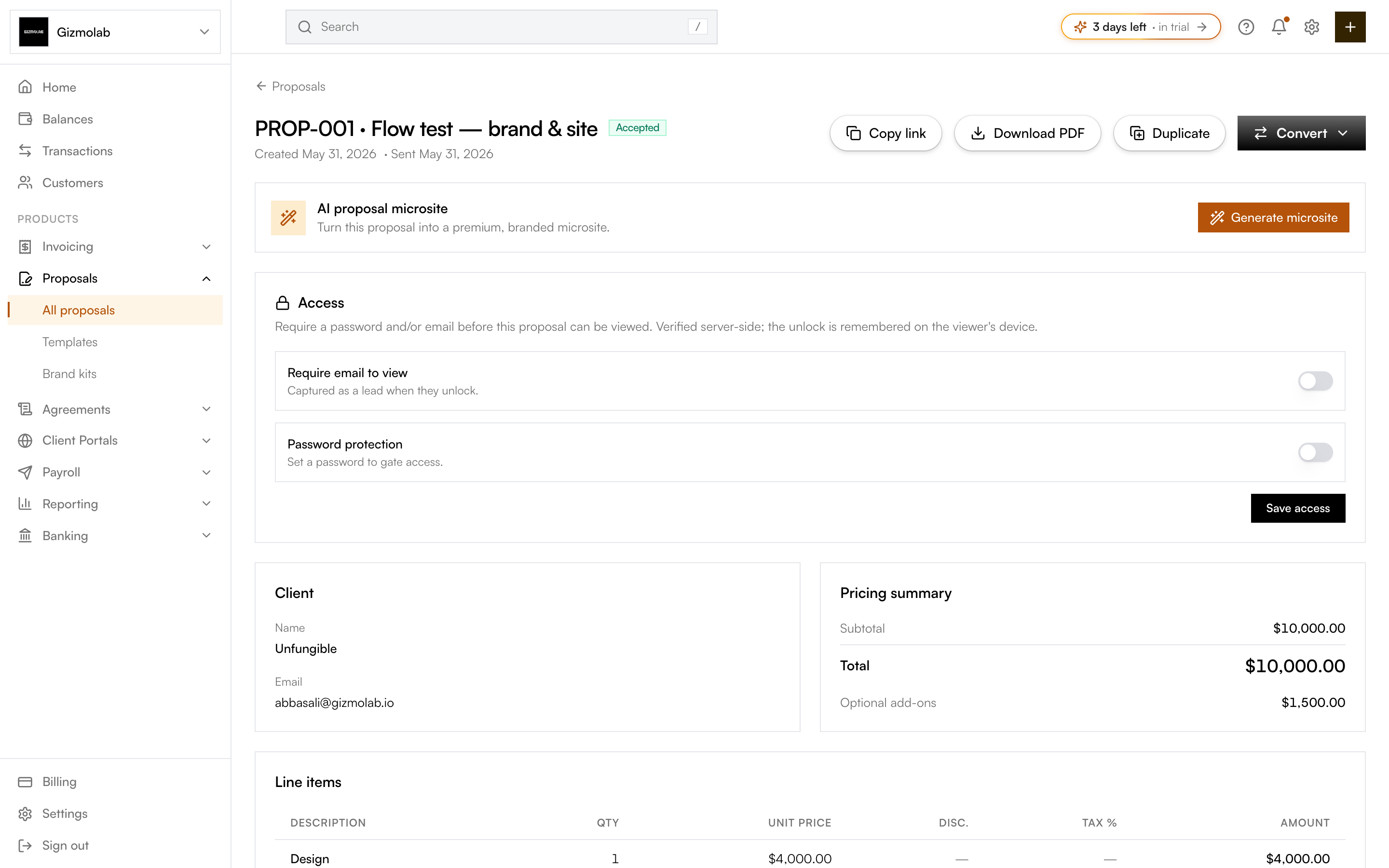 Proposal detail page with actions, access gate, client, and pricing