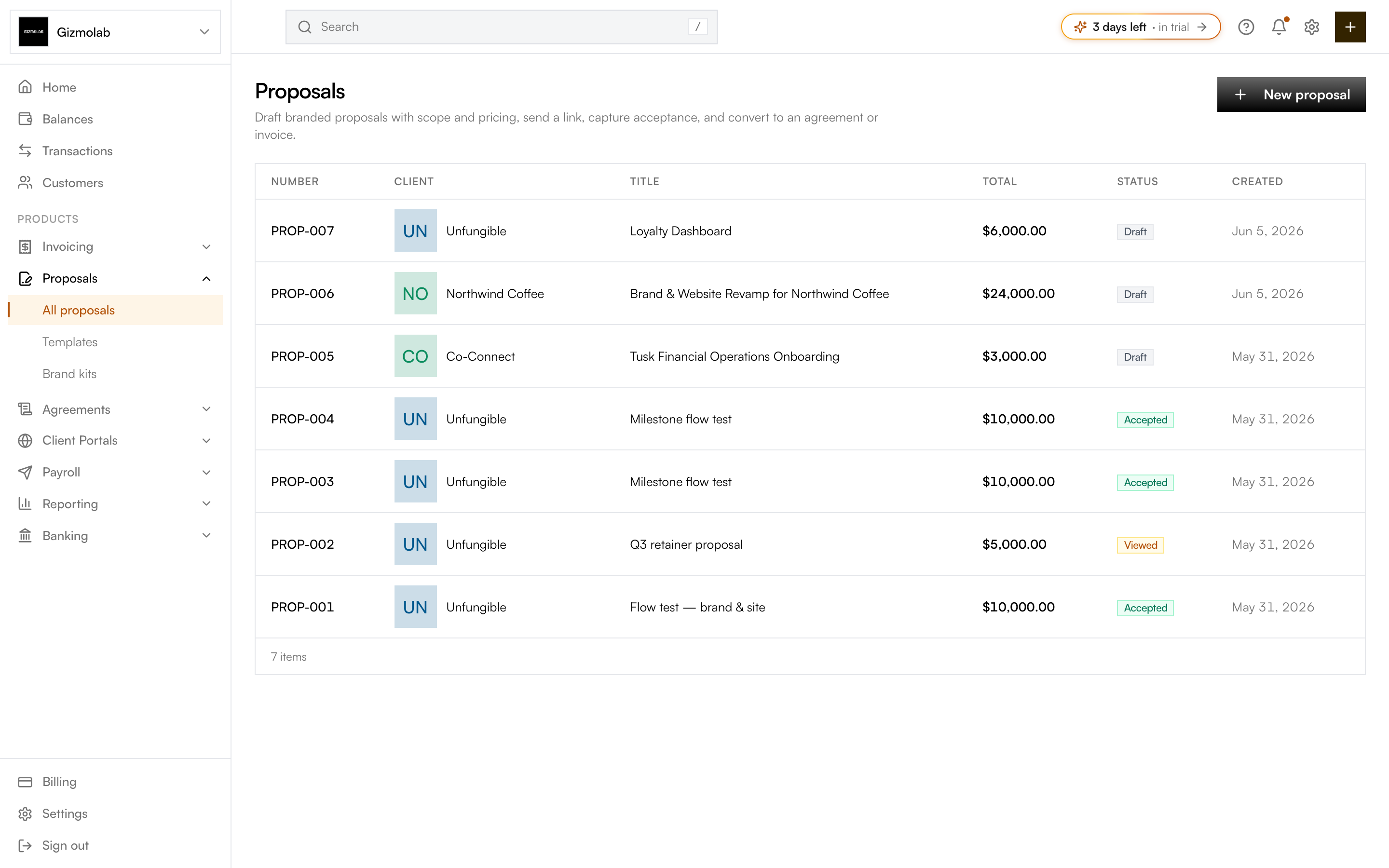 Proposals list with number, client, title, total, and status