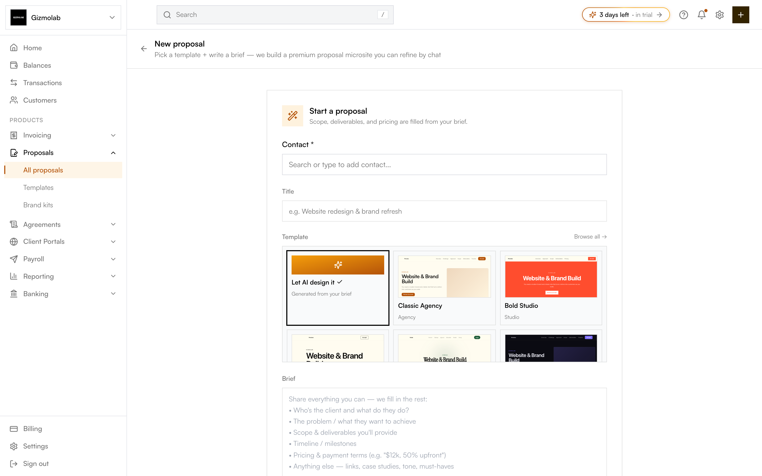New proposal form showing the template picker