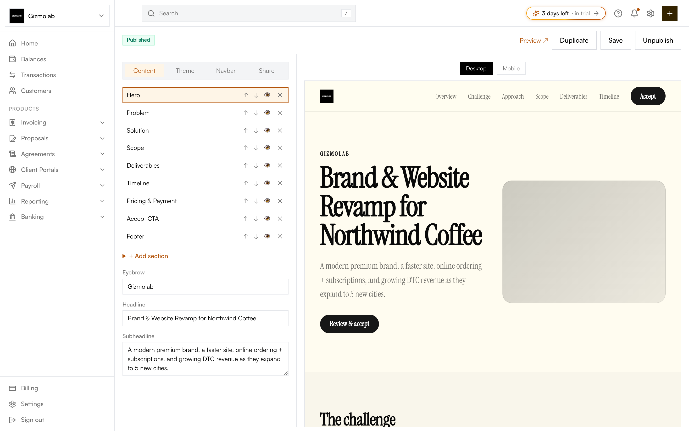 Microsite editor with section list, field inputs, and live preview