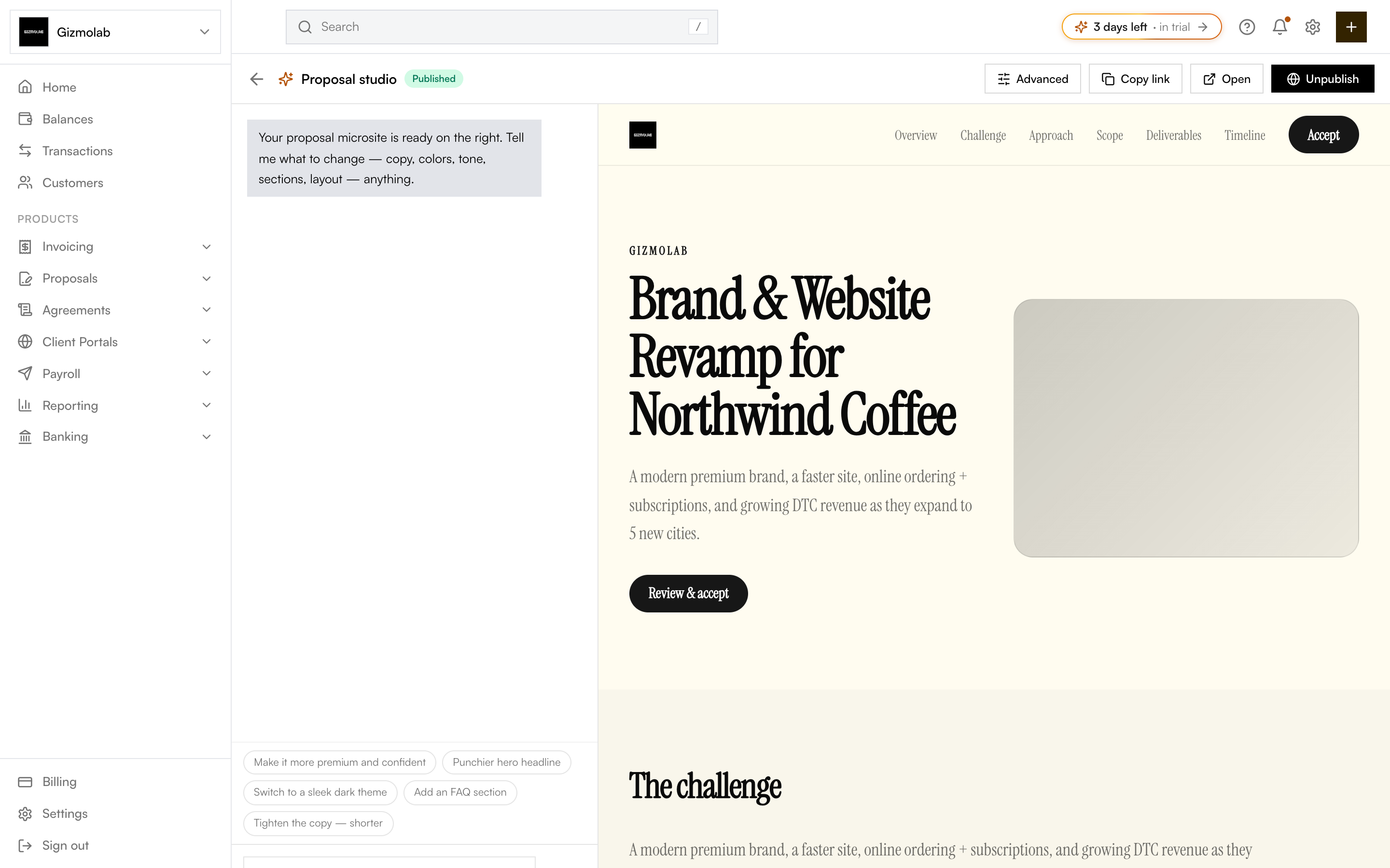 Proposal studio with AI chat panel and live microsite preview