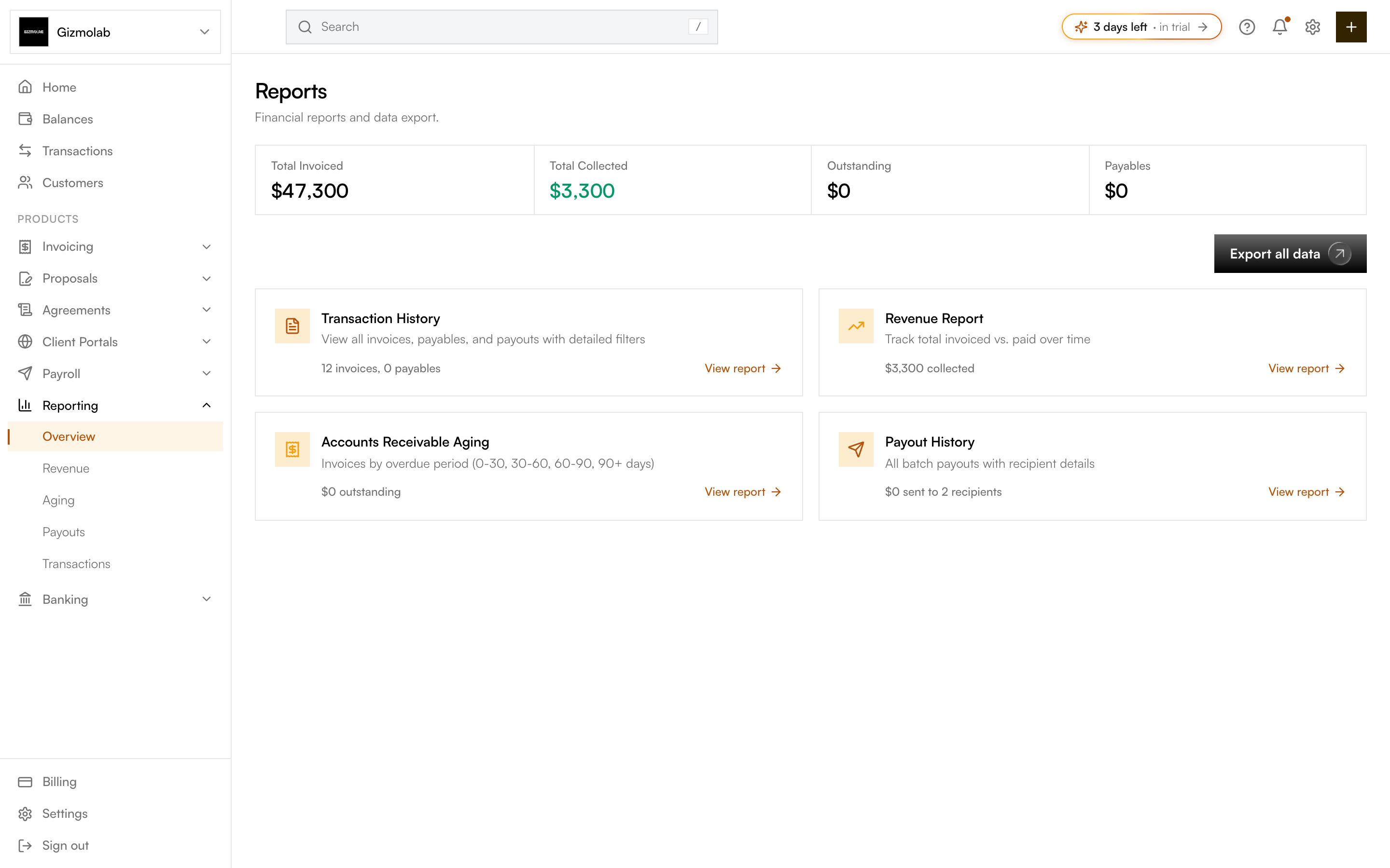 Reports page showing summary totals and the four report cards