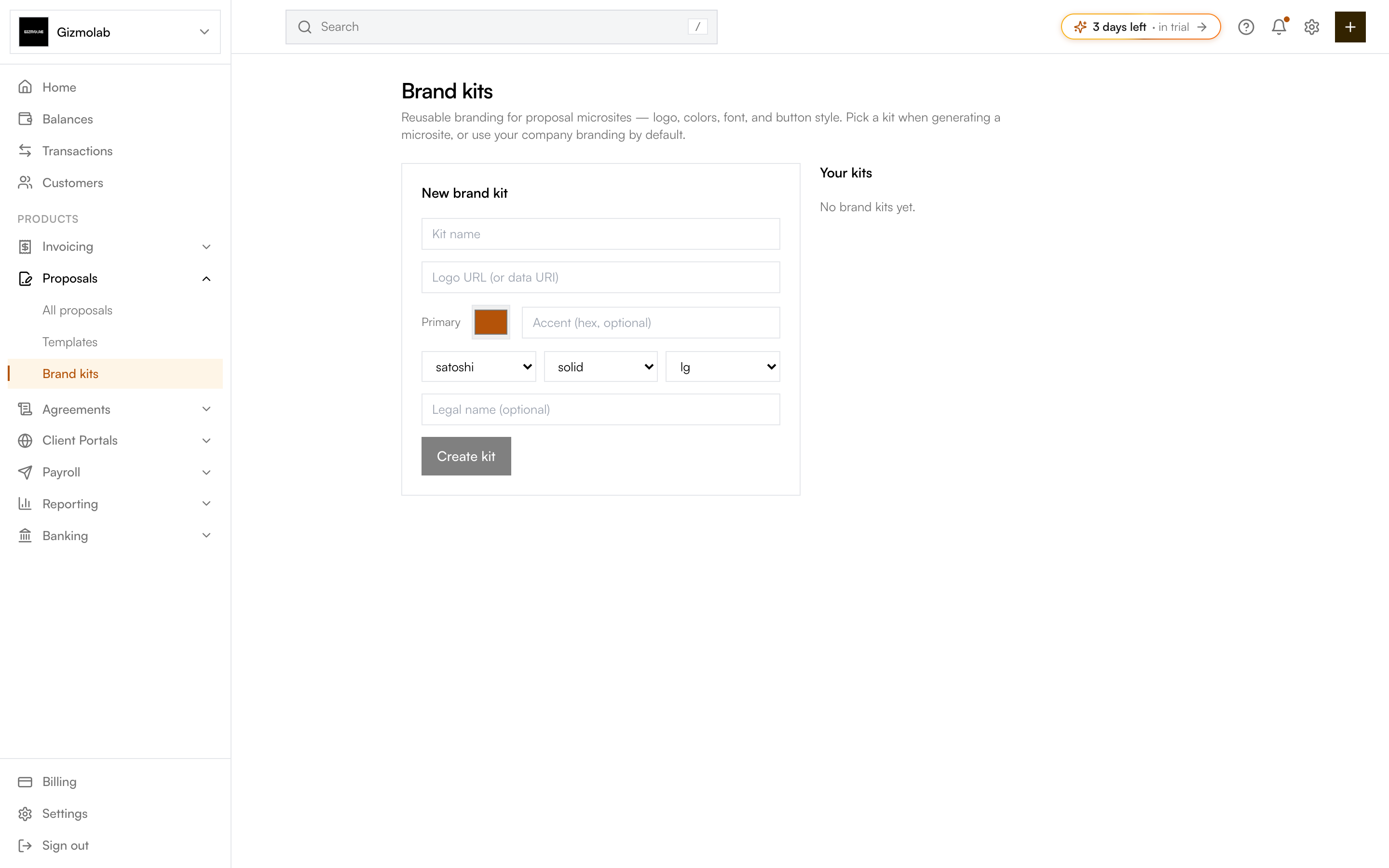 Brand kits page with a new kit form on the left and saved kits on the right