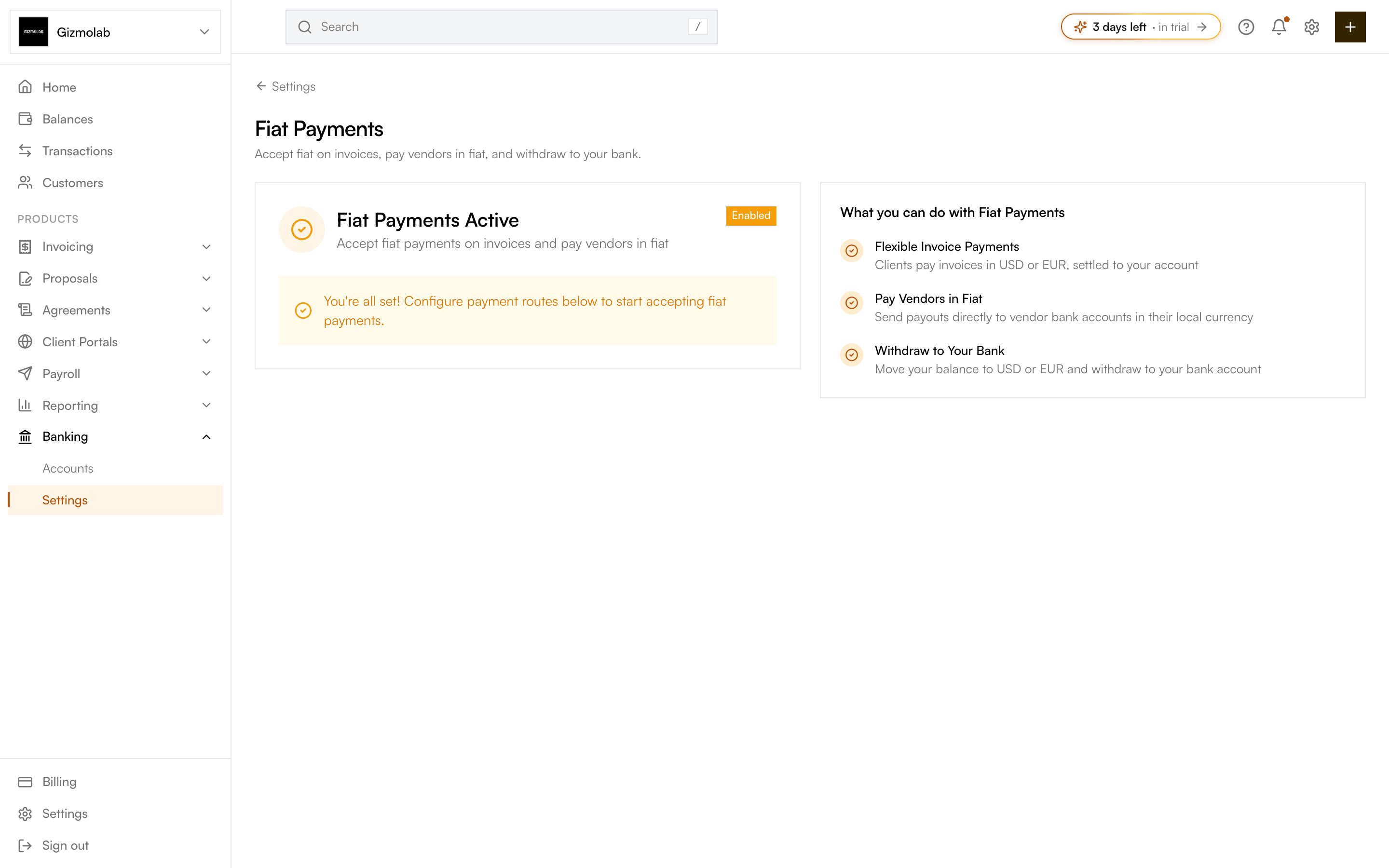 Fiat Payments page showing active status and what you can do with fiat
