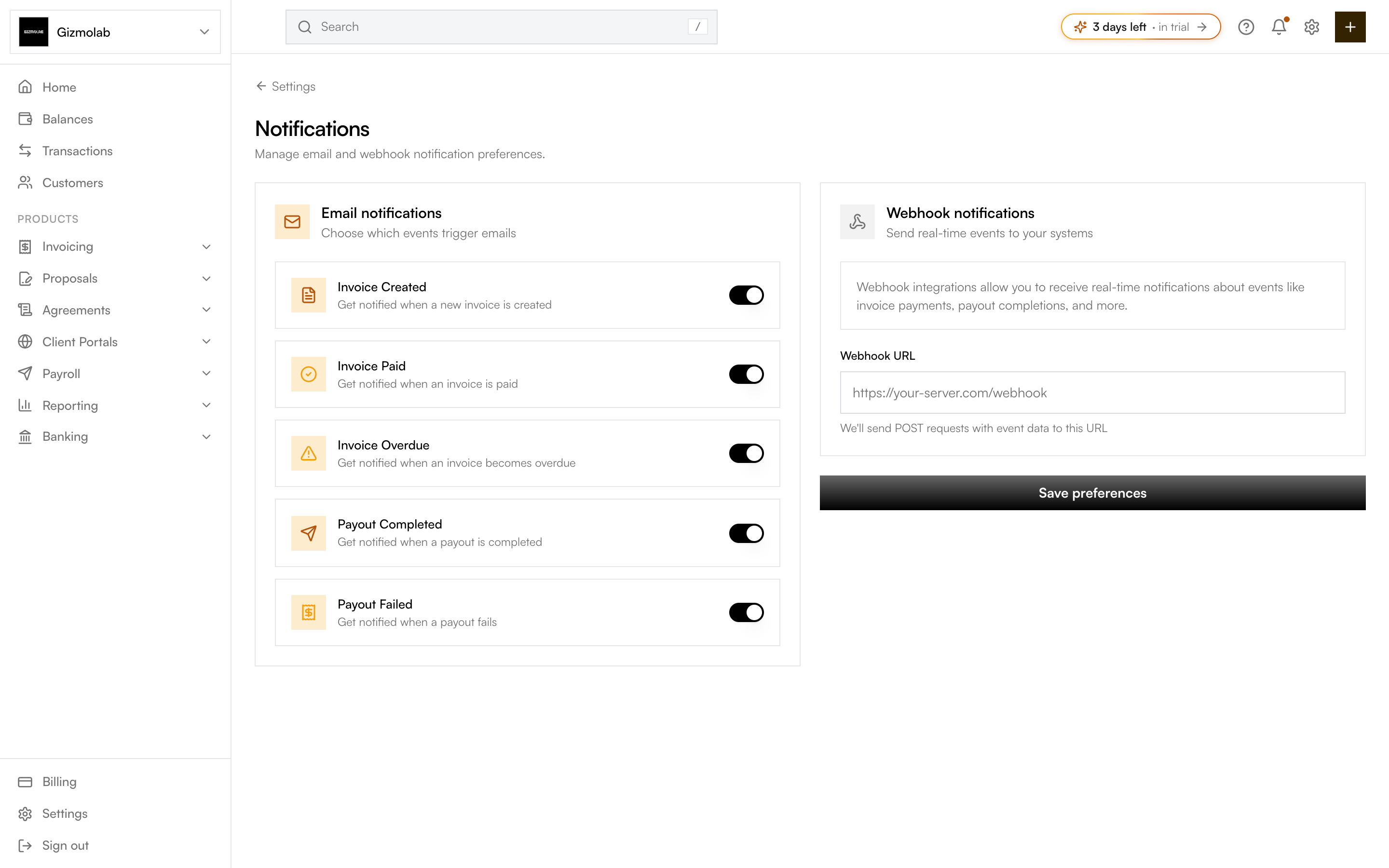 Notifications page with email toggles on the left and webhook settings on the right