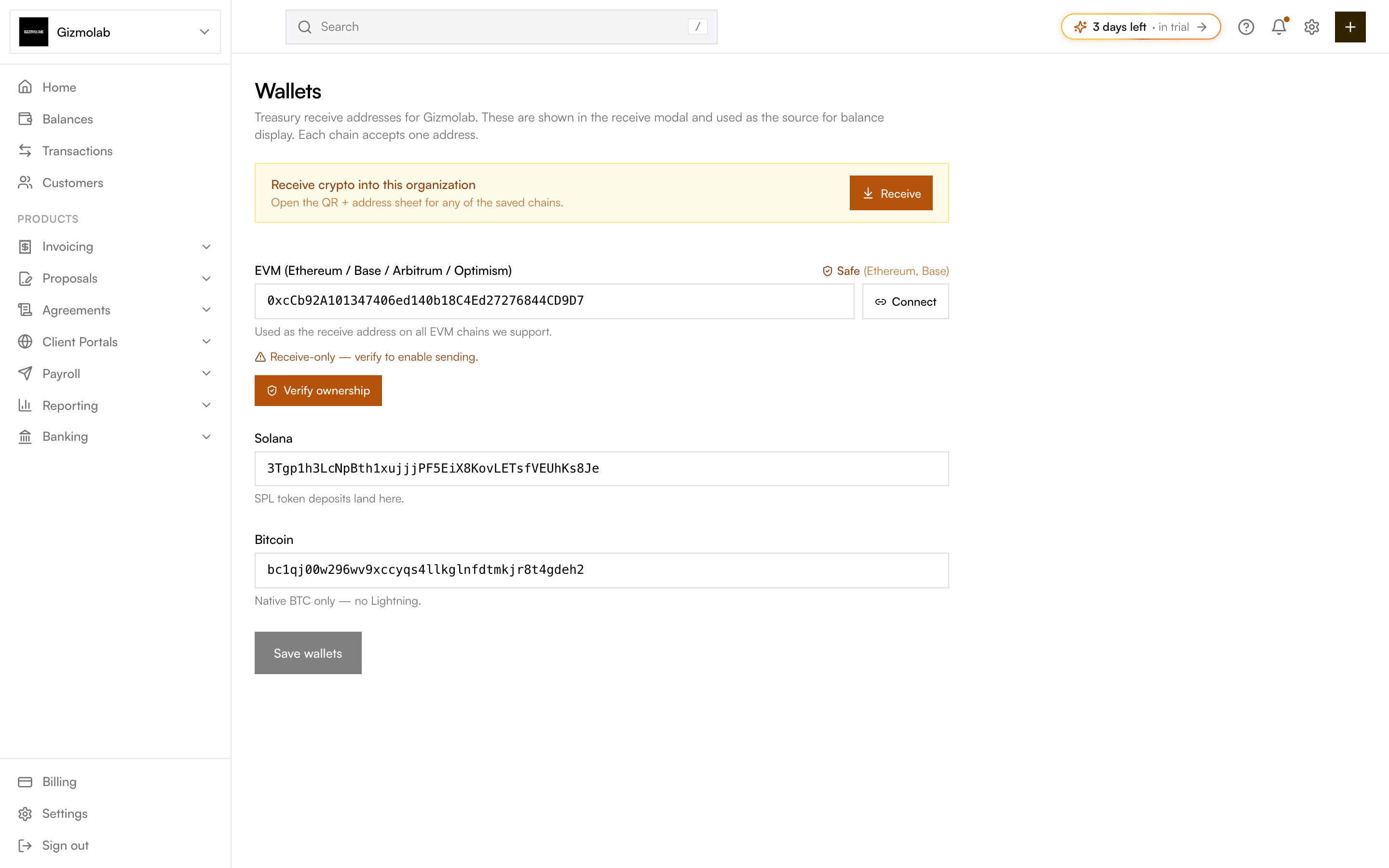 Wallets page with EVM, Solana, and Bitcoin receive addresses